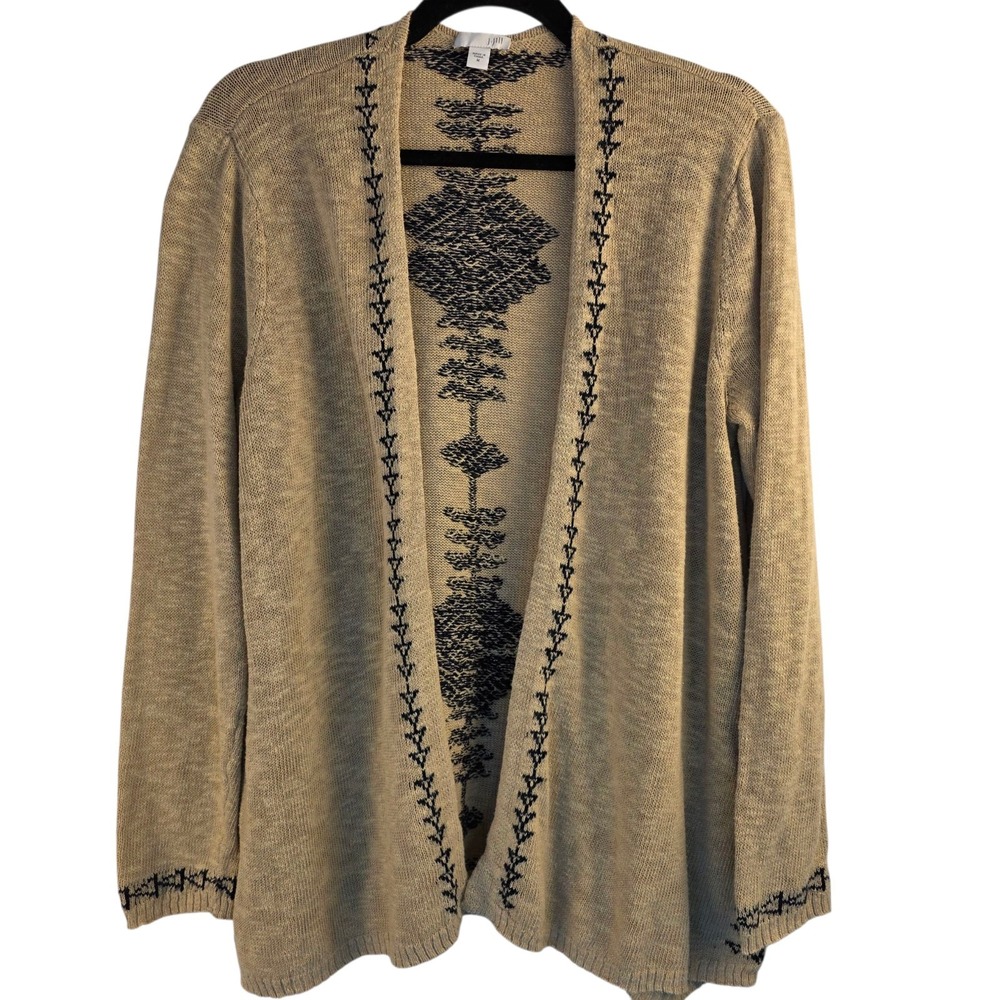 J Jill Linen Blend Aztec Western Print Open Front‎ Cardigan Medium Neutral Cozy